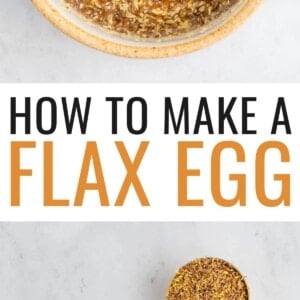 Bowl with a flax egg and spoon. Photo below is of a bowl of water and tablespoon of flaxseed.