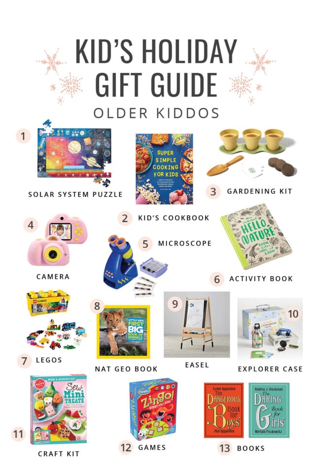 Collage of toys as a holiday gift guide for older kids.