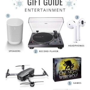 Collage of entertainment holiday gift ideas for men.