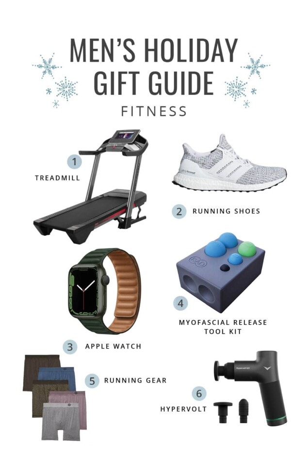 Collage of fitness holiday gift ideas for men.