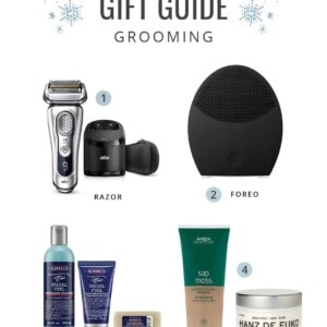 Collage of grooming holiday gift ideas for men.