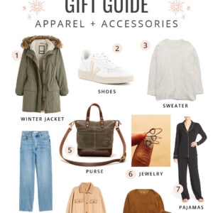 Collage of apparel holiday gift ideas for women.