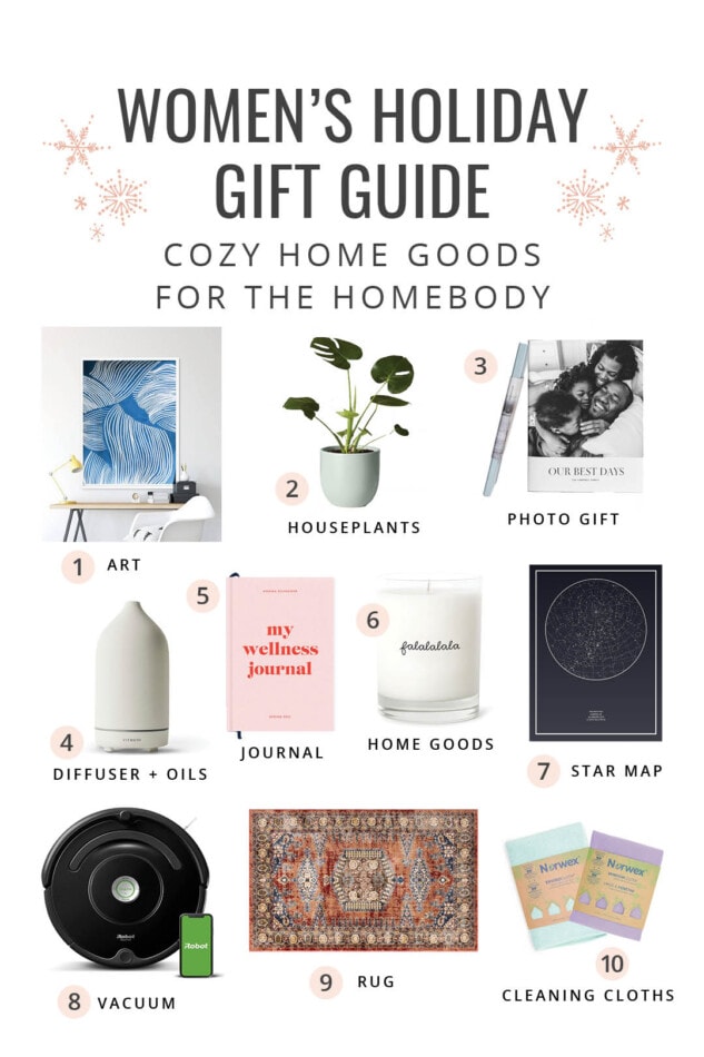 Collage of home goods holiday gift ideas for women.