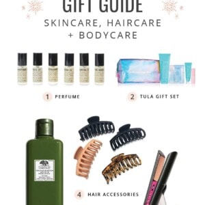 Collage of skincare and haircare holiday gift ideas for women.