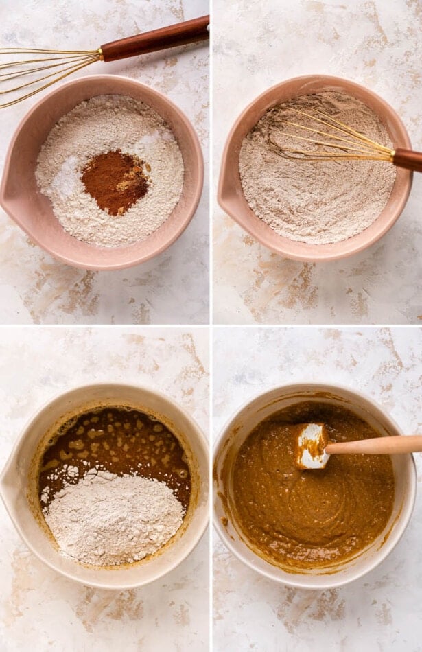 Collage of four images showing the process to making gingerbread loaf batter-- mixing dry ingredients and then mixing in wet ingredients.