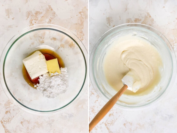 Side by side photo of powder sugar maple syrup, cream cheese and butter in a bowl next to a photo of the mix stirred smooth into a cream cheese glaze.