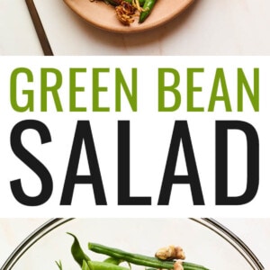 An overhead photo looking down onto a serving dish containing green bean salad topped with fried shallots. A fork is resting next to the serving dish, as well as a blue linen dishcloth. Photo below is a glass bowl with green beans, walnuts and cranberries.