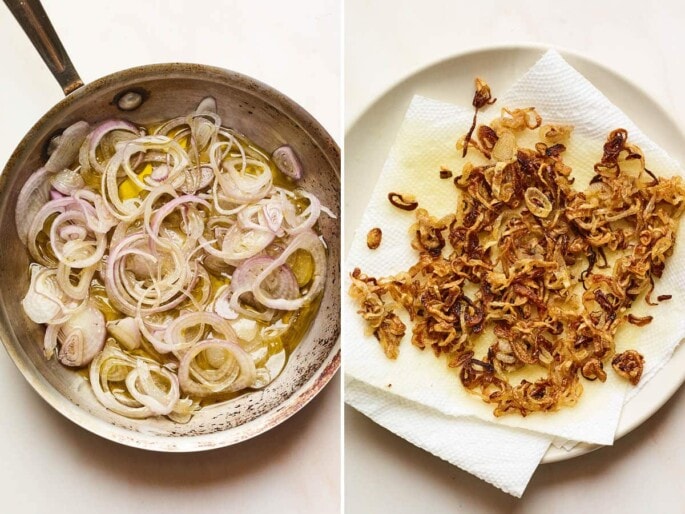 Side by side photos of shallots in a frying pan with oil, and another photo of the crispy browned shallots draining on a paper-towel-lined plate.