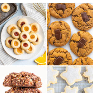Collage of four photos of healthy Christmas cookies: thumbprint, peanut butter blossoms, no bake cookies and sugar cookies.