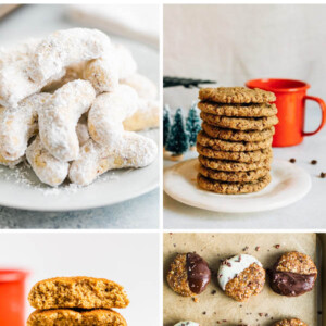 Collage of four photos of healthy Christmas cookies: crescent cookies, espresso cookies, snickerdoodles and no bake almond cookies.