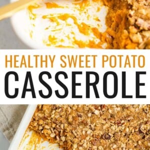 Two photos of a casserole dish with a streusel topped sweet potato casserole. A gold spoon has taken out a serving.