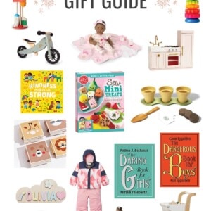 Collage of toys, books and games as a holiday gift guide for kids.