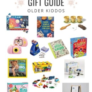 Collage of toys, books and games as a holiday gift guide for older kids.