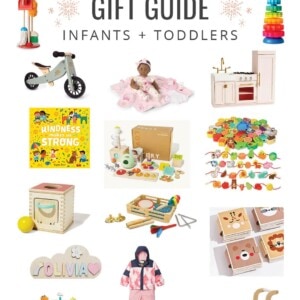 Collage of toys as a holiday gift guide for infants and toddlers.
