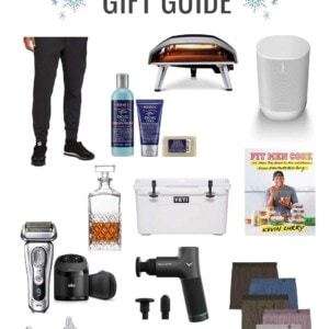 Collage of apparel, accessories, games and kitchen gadgets as a holiday gift guide for men.