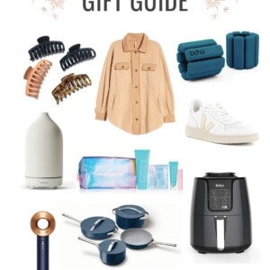 Collage of apparel, accessories, and kitchen gadgets as a holiday gift guide for women.