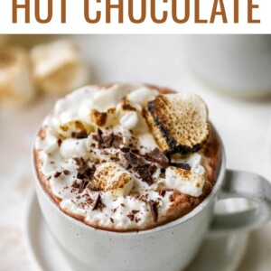 Mug of hot chocolate topped with whipped cream, toasted marshmallows and shaved dark chocolate.