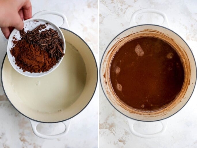 Side by side photos showing the process to make healthy hot chocolate. The first is of a hand holing a bowl of cocoa powder and dark chocolate about to be poured into a pot of oat milk. The second photo is of the hot chocolate in the pot.