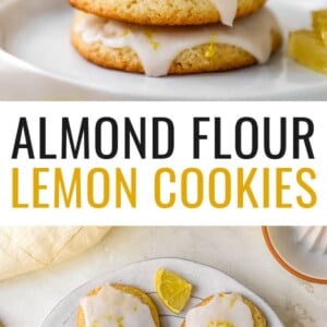 Photo of a stack of lemon cookies. The top cookie has a bite taken out of it. Photo below is of a plate of lemon cookies topped with glaze and lemon zest.