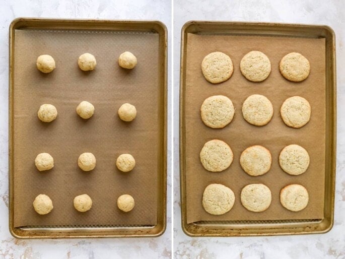 Side by side photos of lemon cookie dough balls on a cookie sheet, and then a photo of the lemon cookies baked on the cookie sheet.