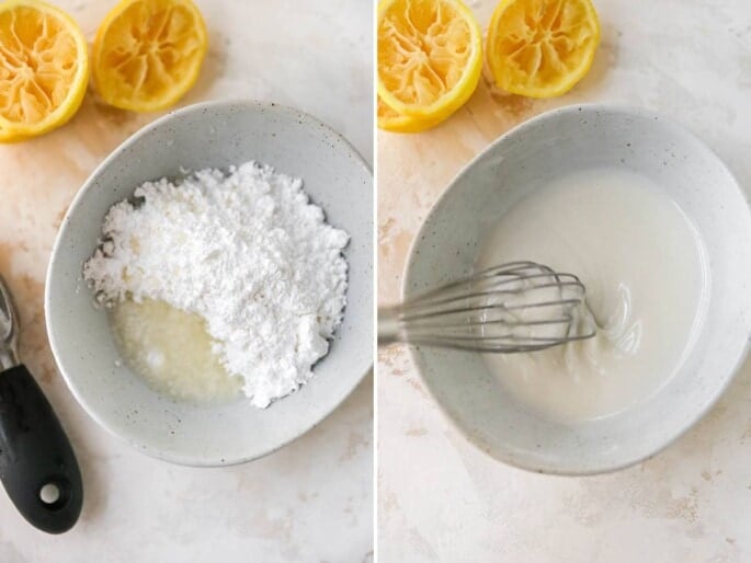 Side by side photos: the first is a bowl of lemon juice and powdered sugar, the second is a whisk mixing the ingredients into a smooth glaze.