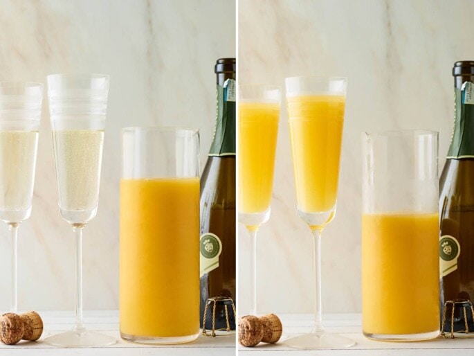 Side by side photos. The first is of two champagne flutes with champagne. A bottle of champagne and a pitcher of orange juice are beside the flutes. The second photo is the same, but orange juice has been poured into the champagne glasses to make mimosas.