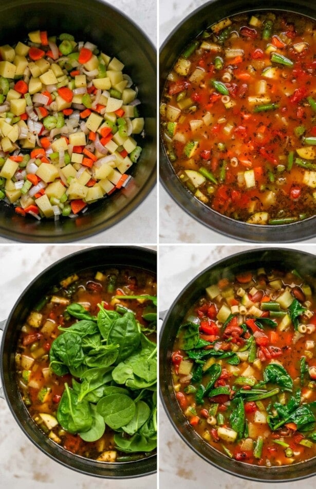 Four photos showing the cooking process of minestrone soup.