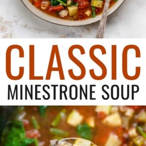 Bowl of minestrone soup with a spoon and topped with parmesan. Photo below is of a pot of minestrone soup with a ladle of soup.