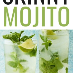 Two glasses containing skinny mojitos. Each glass has sprigs of extra mint and lime wedges.