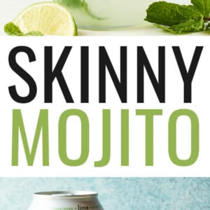 A clear glass containing a skinny mojito. There is a sprig of mint inside the glass alongside of a lime wedge. Extra mint leaves and lime are around the glass on the counter. Photo below is ingredients to make the mojito: lime sparkling water, white rum, fresh mint and lime.