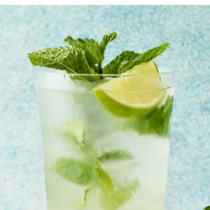 A clear glass containing a skinny mojito. There is a sprig of mint inside the glass alongside of a lime wedge. Extra mint leaves and lime are around the glass on the counter.