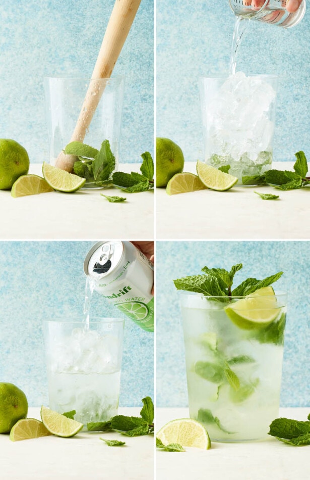 Collage of four photos showing how to make a mojito: muddling mint in a glass, adding ice and white rum, topping with lime sparkling water and finally garnishing with lime and mint.