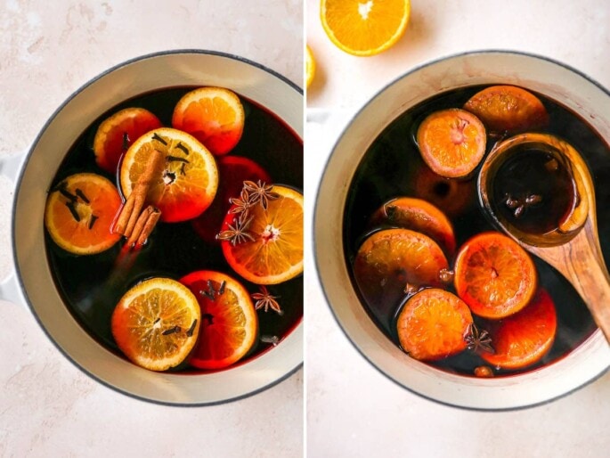 Side by side photos of a dutch oven of mulled wine ingredients like wine, orange slices, cinnamon, anise and closes, before and after being mulled.