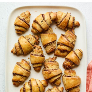 An overhead view of Rugelach on a serving platter.