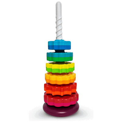 A children's toy. A base with a pole that has colorful wheels that spin down the pole and stack together.