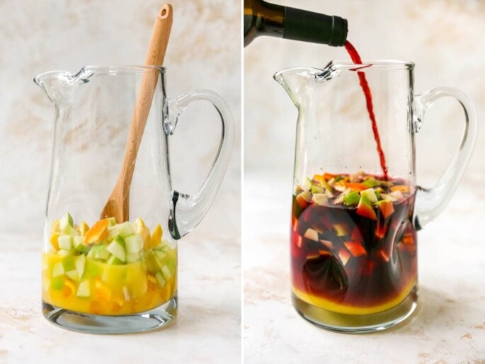 Photo of a pitcher with orange juice and chopped fruit and a wooden spoon. Next to this is another photo of a bottle of red wine being poured in.