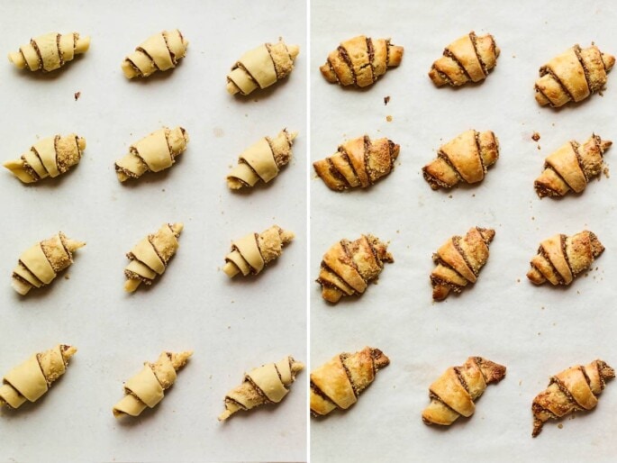 Side by side photos of Nutella rugelach before and after being baked.