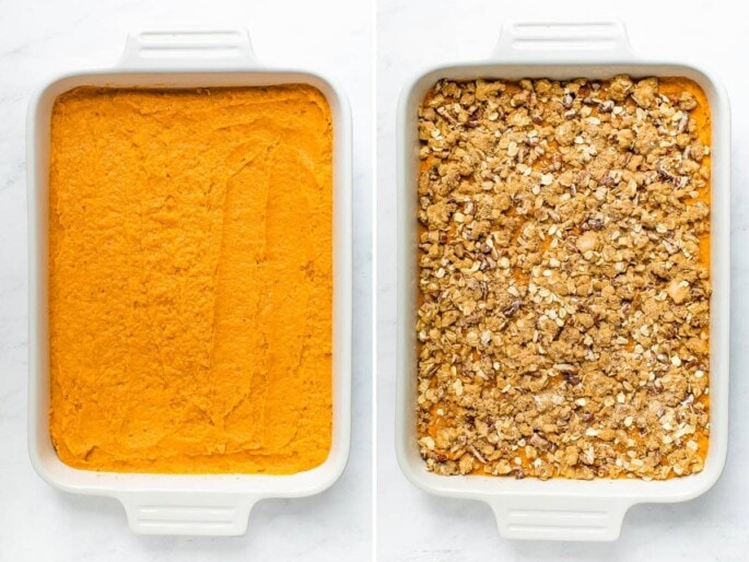 Side by side photo of a casserole dish with healthy potato casserole before and after the crumble topping is added to the sweet potato mixture.