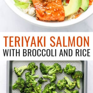An overhead photo looking at a bowl of rice topped with a filet of teriyaki salmon, broccoli, shredded carrots, shredded cabbage, green onion and sliced avocado. Photo below is of the baked teriyaki salmon filets and broccoli on a cooking sheet.