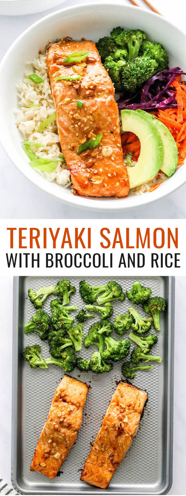 An overhead photo looking at a bowl of rice topped with a filet of teriyaki salmon, broccoli, shredded carrots, shredded cabbage, green onion and sliced avocado. Photo below is of the baked teriyaki salmon filets and broccoli on a cooking sheet.