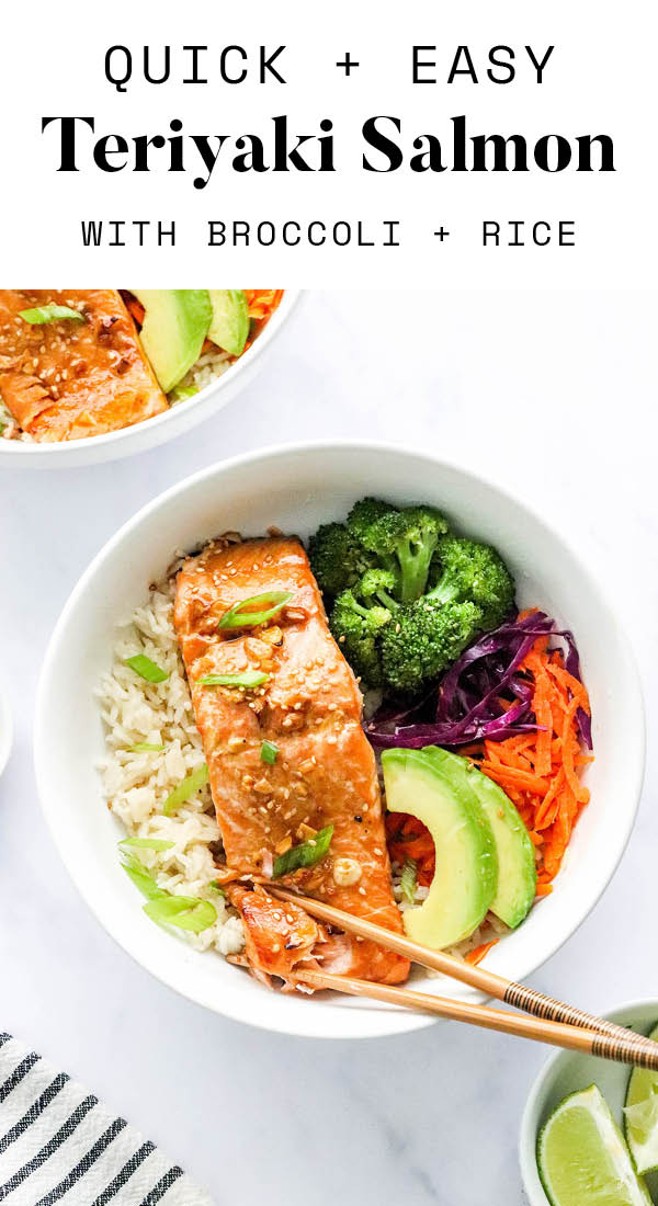An overhead photo looking at a bowl of rice topped with a filet of teriyaki salmon, broccoli, shredded carrots, shredded cabbage, green onion and sliced avocado. There are two chopsticks resting on the bowl.
