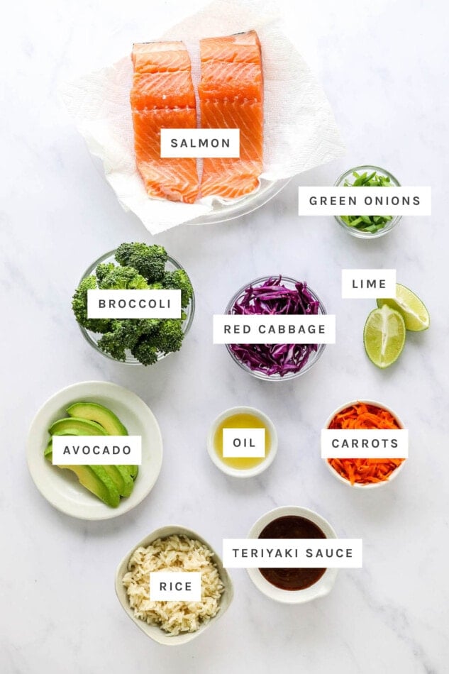 Ingredients measured out to make teriyaki salmon with rice and broccoli: salmon, green onions, broccoli, red cabbage, lime, avocado, oil, carrots, rice and teriyaki sauce.