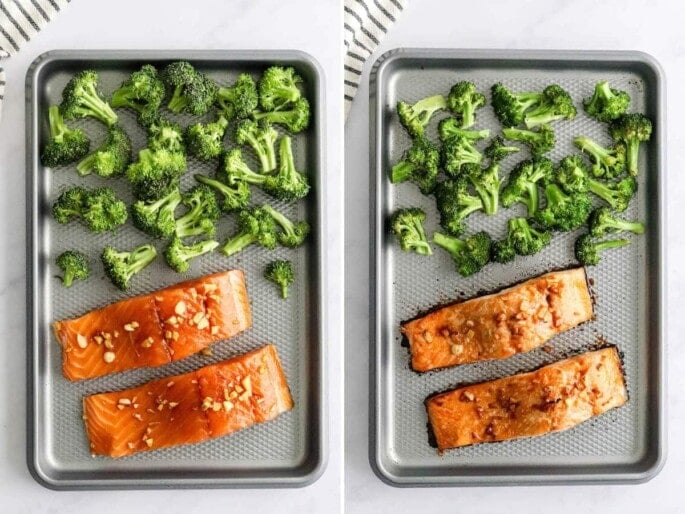 Side by side photos of teriyaki salmon and broccoli on a sheet pan, before and after being baked.
