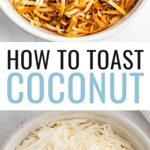 Two photos: a bowl of toasted coconut flakes, and a bowl of un-toasted coconut flakes.