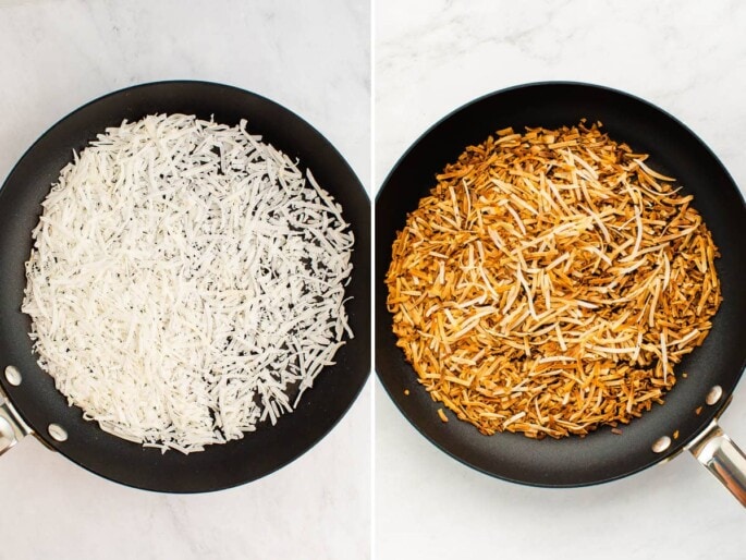 Side by side photos of coconut flakes in a skillet, before and after being toasted.
