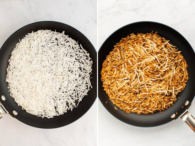 Side by side photos of coconut flakes in a skillet, before and after being toasted.