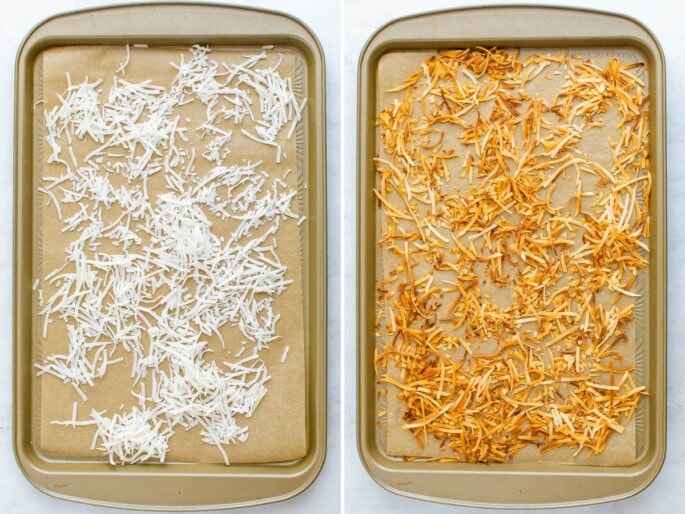 Side by side photos of coconut flakes on a sheet pan, before and after being toasted.