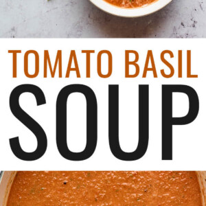Photos of bowls of tomato basil soup and a Dutch oven with tomato basil soup.