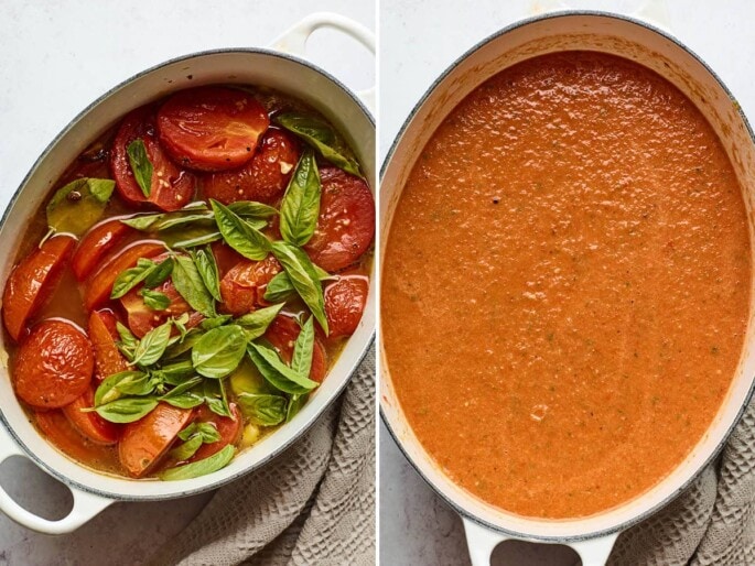 Side by side photos. The first is a dutch oven with roasted tomatoes, basil and broth. The second is the dutch oven the the puréed tomato soup.