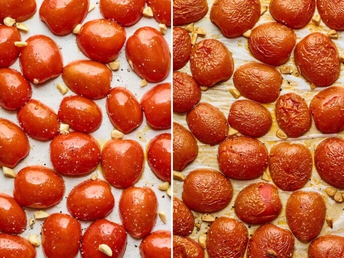 Side by side photos of roma tomatoes and garlic before and after being roasted.